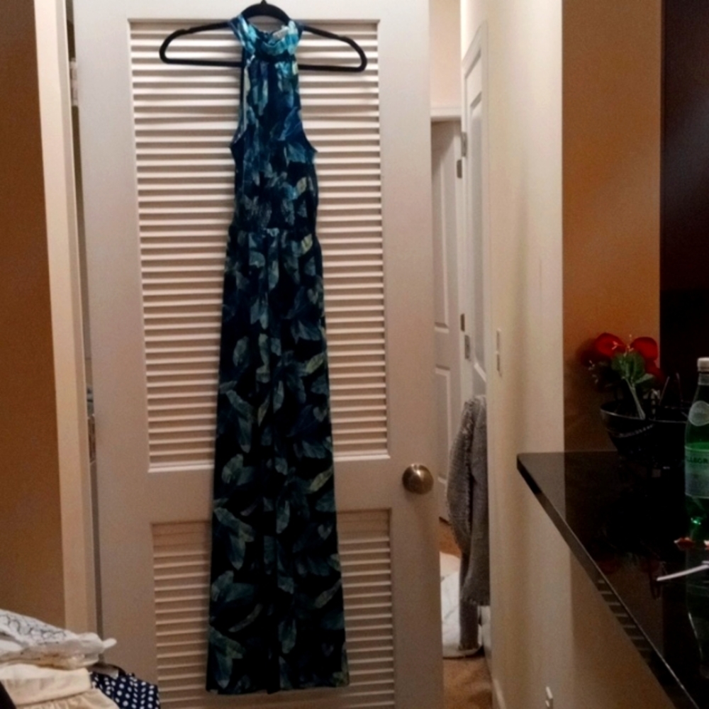 Teal blue maxi dress with teal leaves